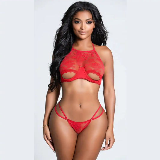 women's two-piece lingerie set featuring a high-neck floral embroidered bralette with an open-bust design and matching multi-strap panties.