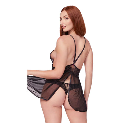 Professional studio shot of a two-piece sleepwear set featuring a floral lace bodice babydoll with a sheer mesh skirt and matching panty.