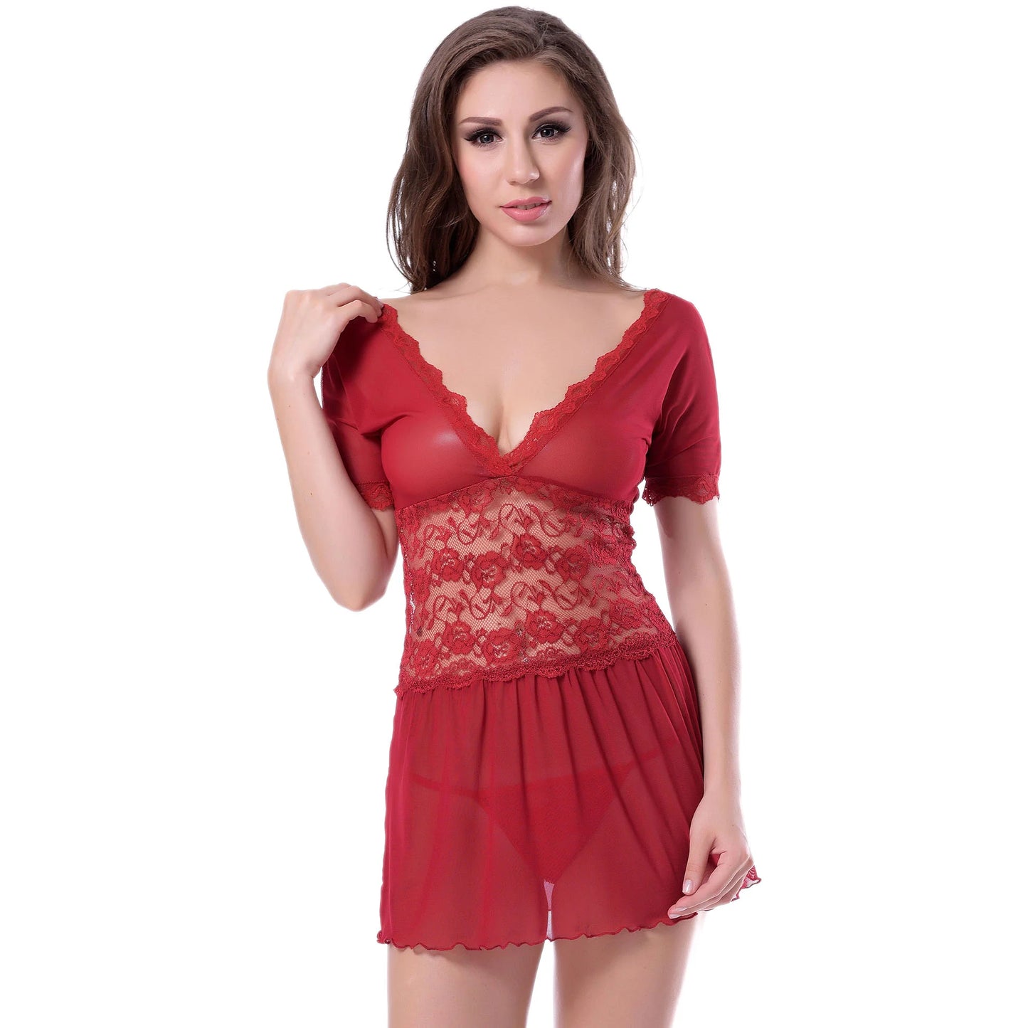 Women’s Maroon Lace & Mesh Babydoll – Elegant Short Sleeve V-Neck Nighty with Intricate Midriff Lace & Coordinating G-String
