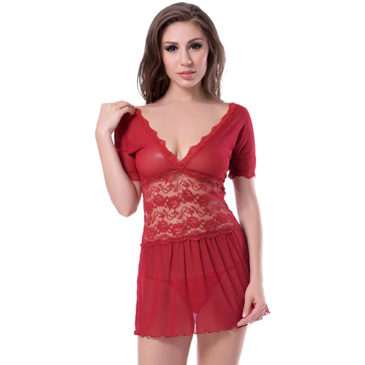 Women’s Maroon Lace & Mesh Babydoll – Elegant Short Sleeve V-Neck Nighty with Intricate Midriff Lace & Coordinating G-String