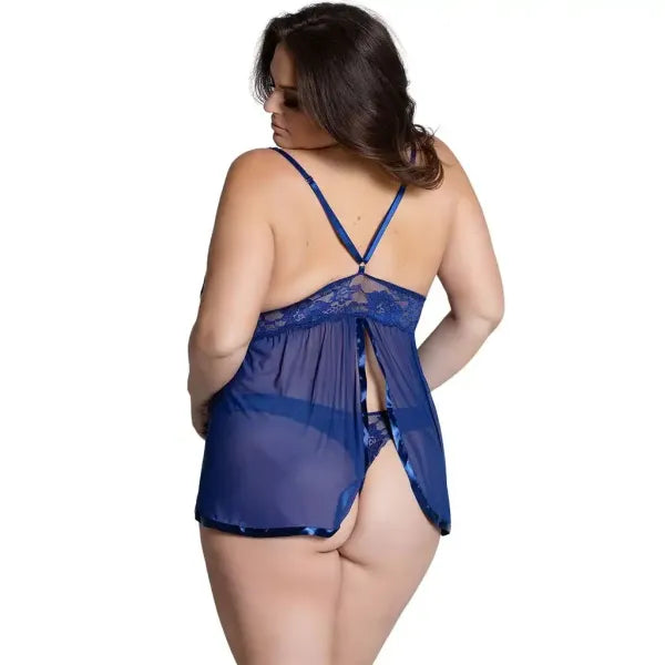 women's plus size navy blue lingerie set featuring a floral lace bodice babydoll with a sheer mesh skirt and matching G-string.