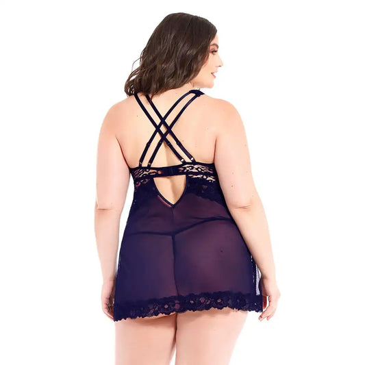 women's  navy blue lingerie set featuring a lace bodice babydoll with a sheer mesh skirt and matching G-string.