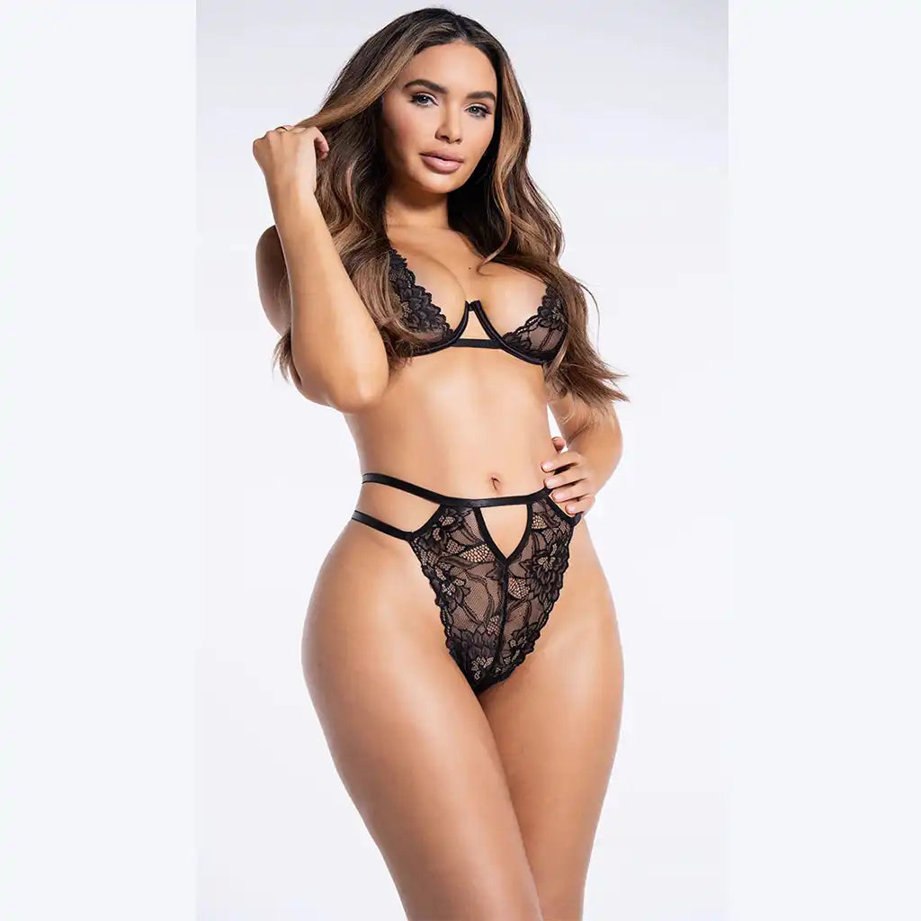 women's two-piece lingerie set featuring an open-cup floral lace bralette and matching high-leg G-string with multi-strap waist details.