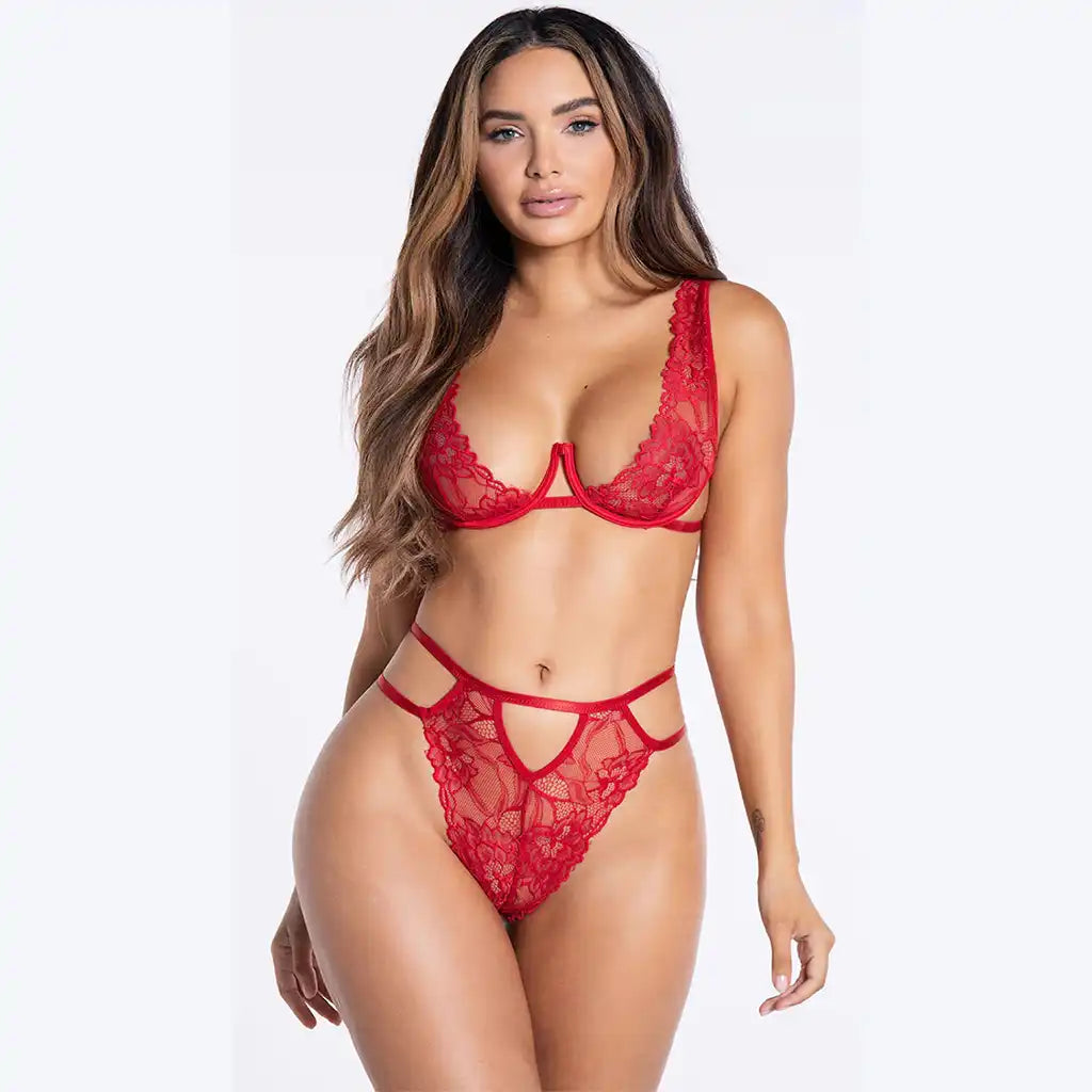 women's two-piece lingerie set featuring an open-cup floral lace bralette and matching high-leg G-string with multi-strap waist details.