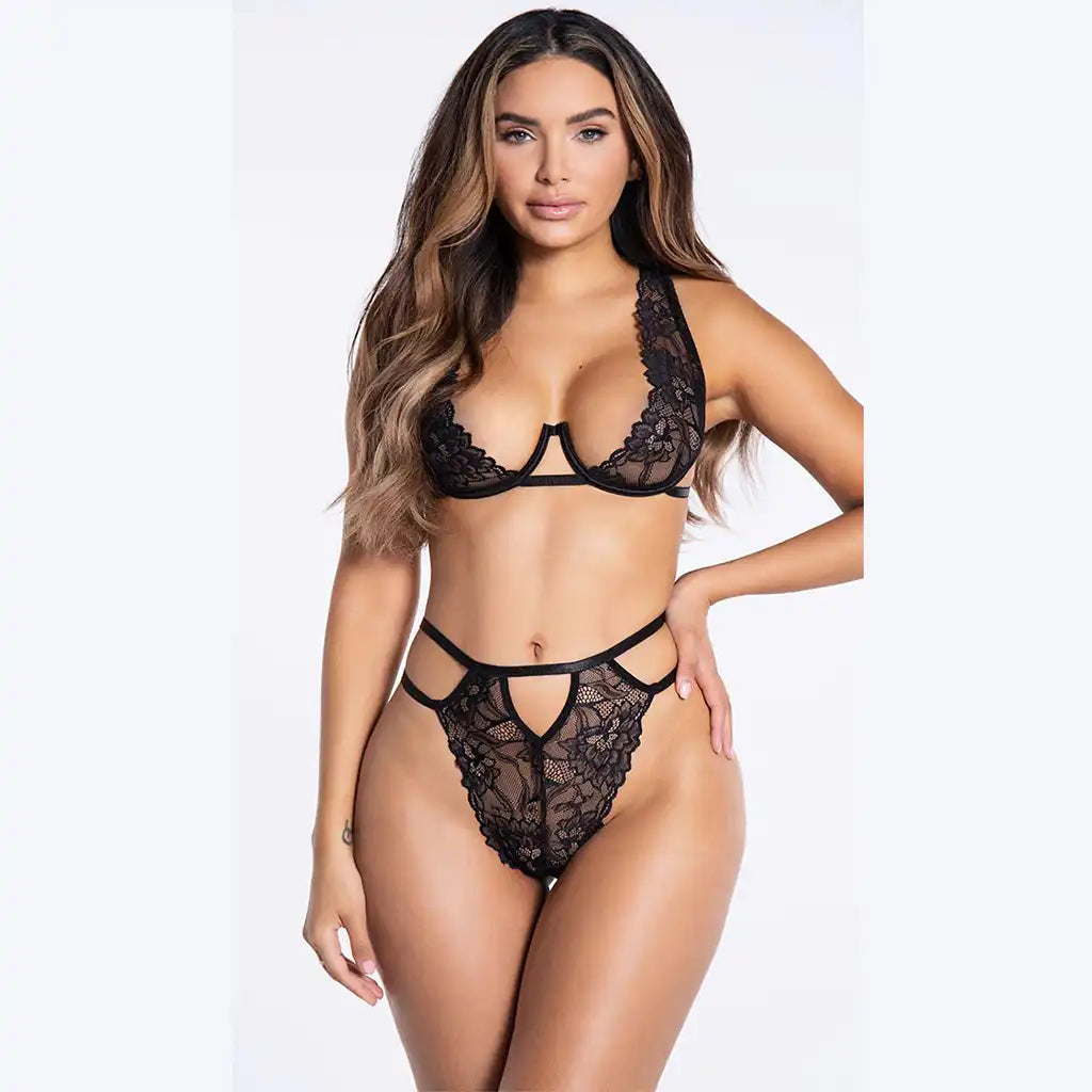 women's two-piece lingerie set featuring an open-cup floral lace bralette and matching high-leg G-string with multi-strap waist details.