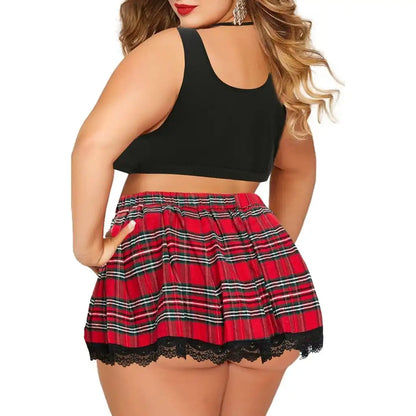Professional studio shot of a three-piece  themed sleepwear set featuring a black crop top, red plaid necktie, and matching pleated plaid mini skirt with lace trim.