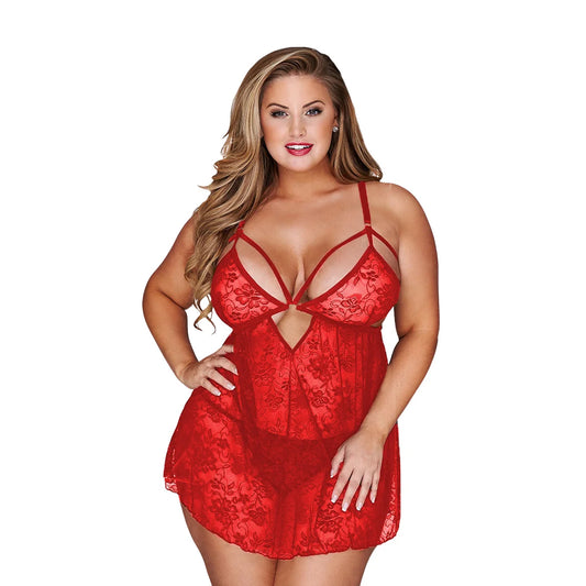 women's  red lingerie set featuring a full floral lace babydoll with architectural strappy bust details and matching G-string.