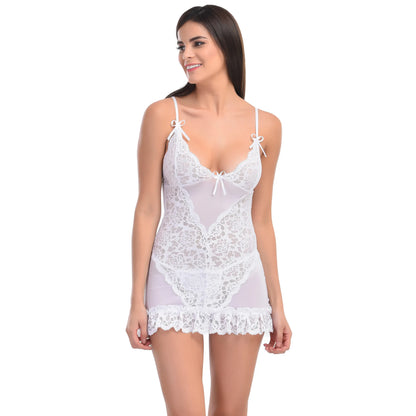 women's two-piece lingerie set featuring a floral lace babydoll with a pleated ruffle hem, satin bows, and matching G-string.