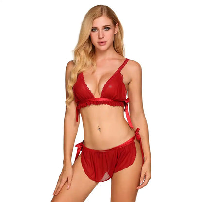 women's black two-piece lingerie set featuring a ruffled sheer mesh triangle bralette and matching tie-side mesh panties