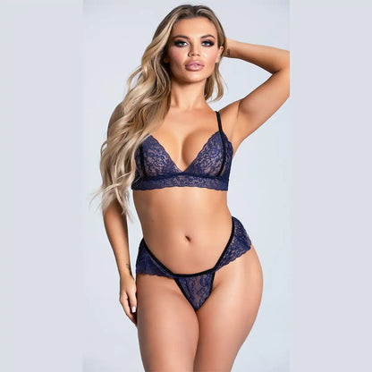 women's two-piece lingerie set featuring a floral lace triangle bralette and matching panties with scalloped lace hip details.