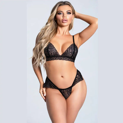 women's two-piece lingerie set featuring a floral lace triangle bralette and matching panties with scalloped lace hip details.