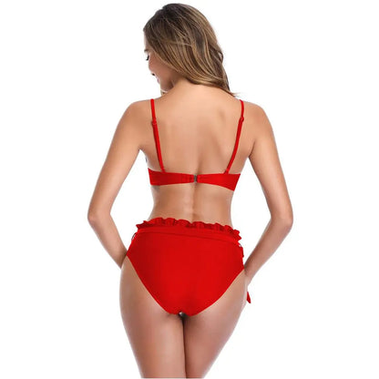 women's two-piece swimwear set in vibrant red, featuring a front-tie halter top and matching high-waisted bottoms with ruffle details.