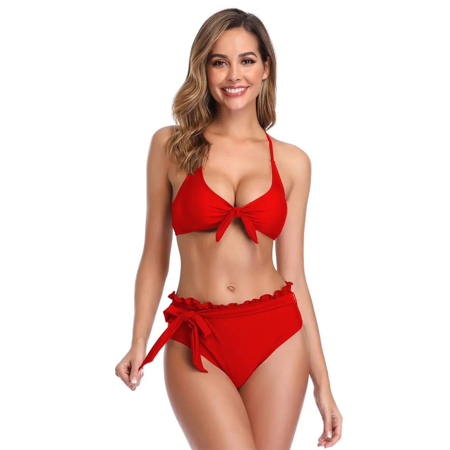 women's two-piece swimwear set in vibrant red, featuring a front-tie halter top and matching high-waisted bottoms with ruffle details.