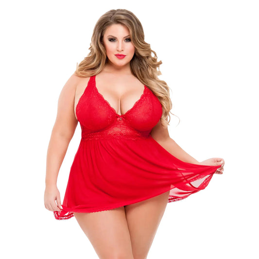 women's  red two-piece lingerie set featuring a racerback lace bodice babydoll with a sheer mesh skirt and matching G-string.