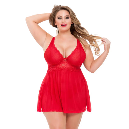 women's  red two-piece lingerie set featuring a racerback lace bodice babydoll with a sheer mesh skirt and matching G-string.