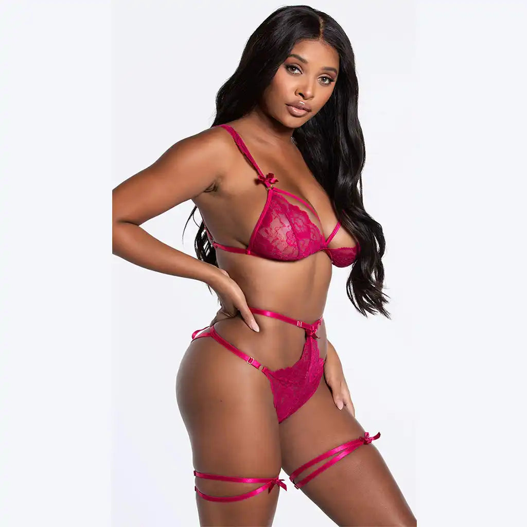women's one-piece lingerie bodysuit featuring a sheer mesh fabric, deep V-neckline, and high-leg silhouette.
