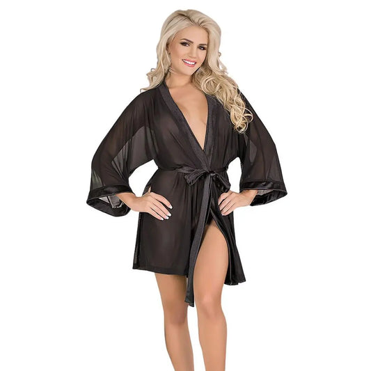 Premium women's sheer mesh nightrobe featuring wide kimono-style sleeves with shimmering satin borders and a matching waist sash.