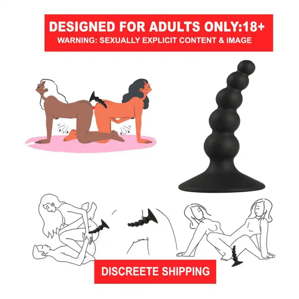 Black silicone anal beads plug with graduated bead design and suction cup base.