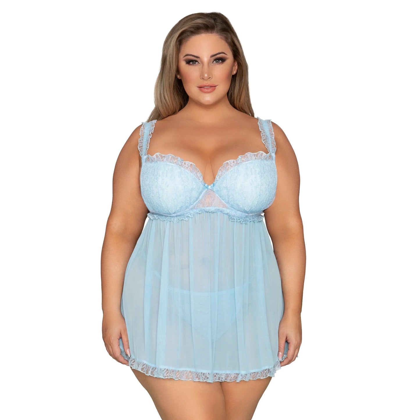 women's  light blue lingerie set featuring an underwired lace bodice babydoll with a ruffled mesh skirt and matching G-string.
