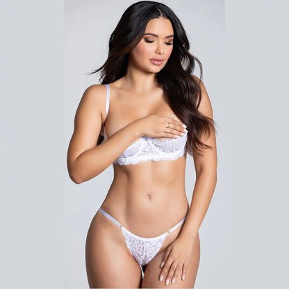 women's two-piece lingerie set featuring an underwire floral lace shelf bralette and matching minimalist lace thong.