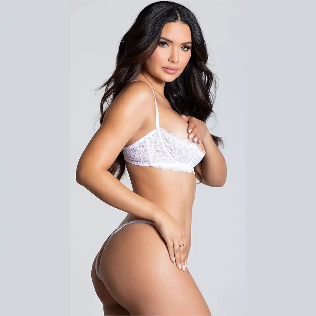 women's two-piece lingerie set featuring an underwire floral lace shelf bralette and matching minimalist lace thong.