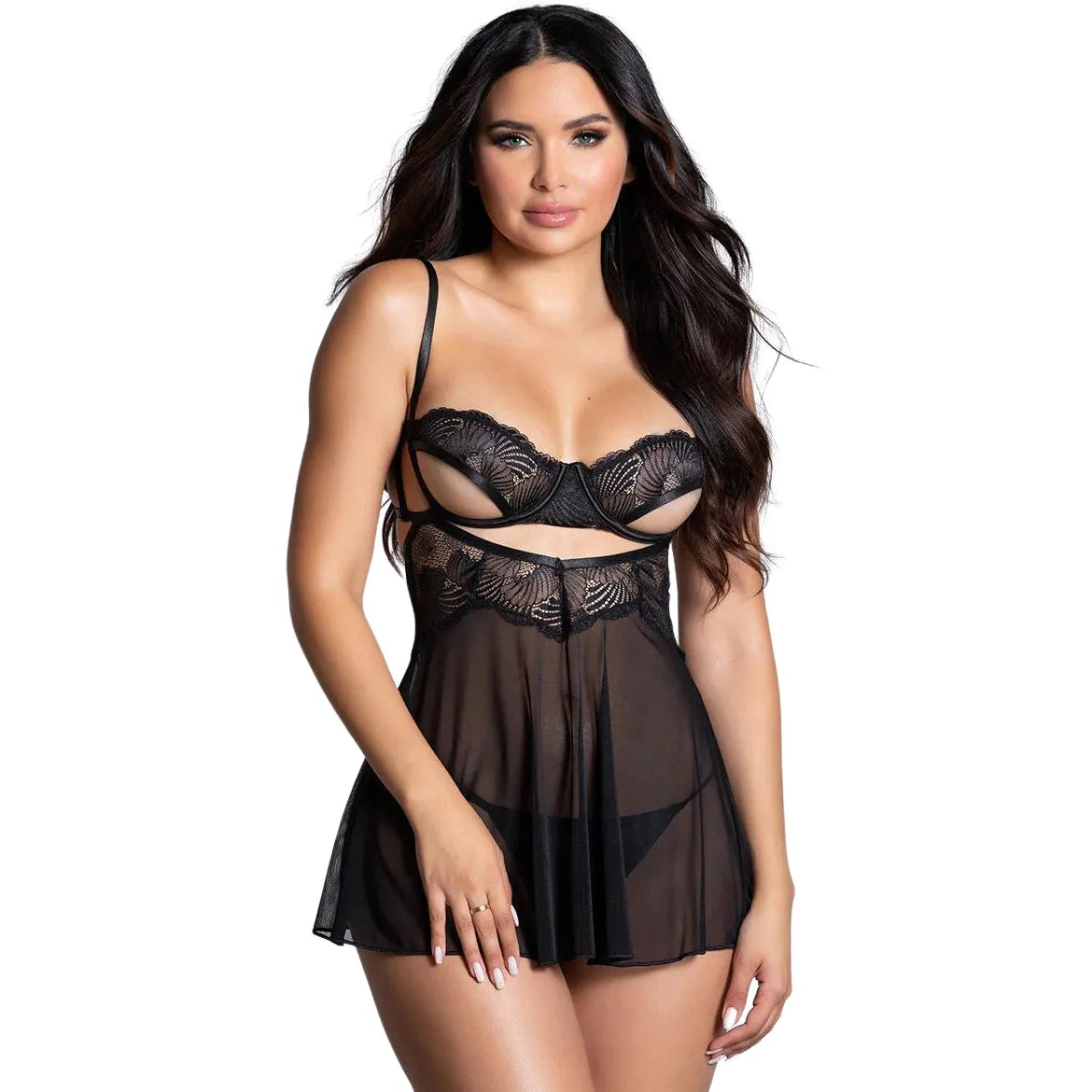 Professional studio shot of a two-piece sleepwear set featuring an underwired floral lace bodice babydoll with a sheer mesh skirt and matching panty.
