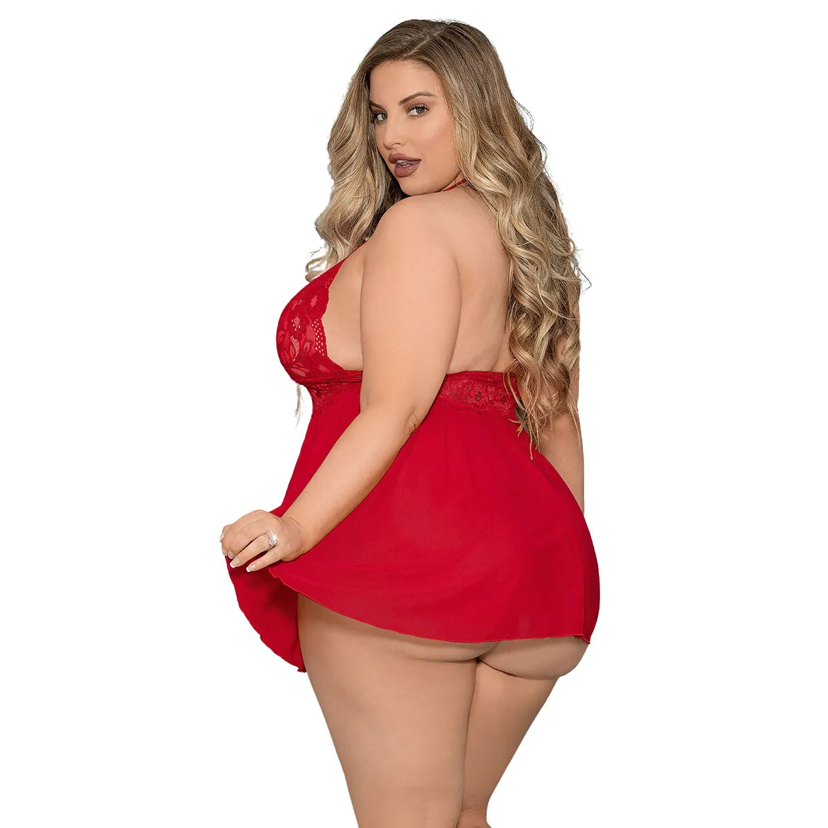 woman wearing red lace halter babydoll nightdress with floral lace detailing and matching panty
