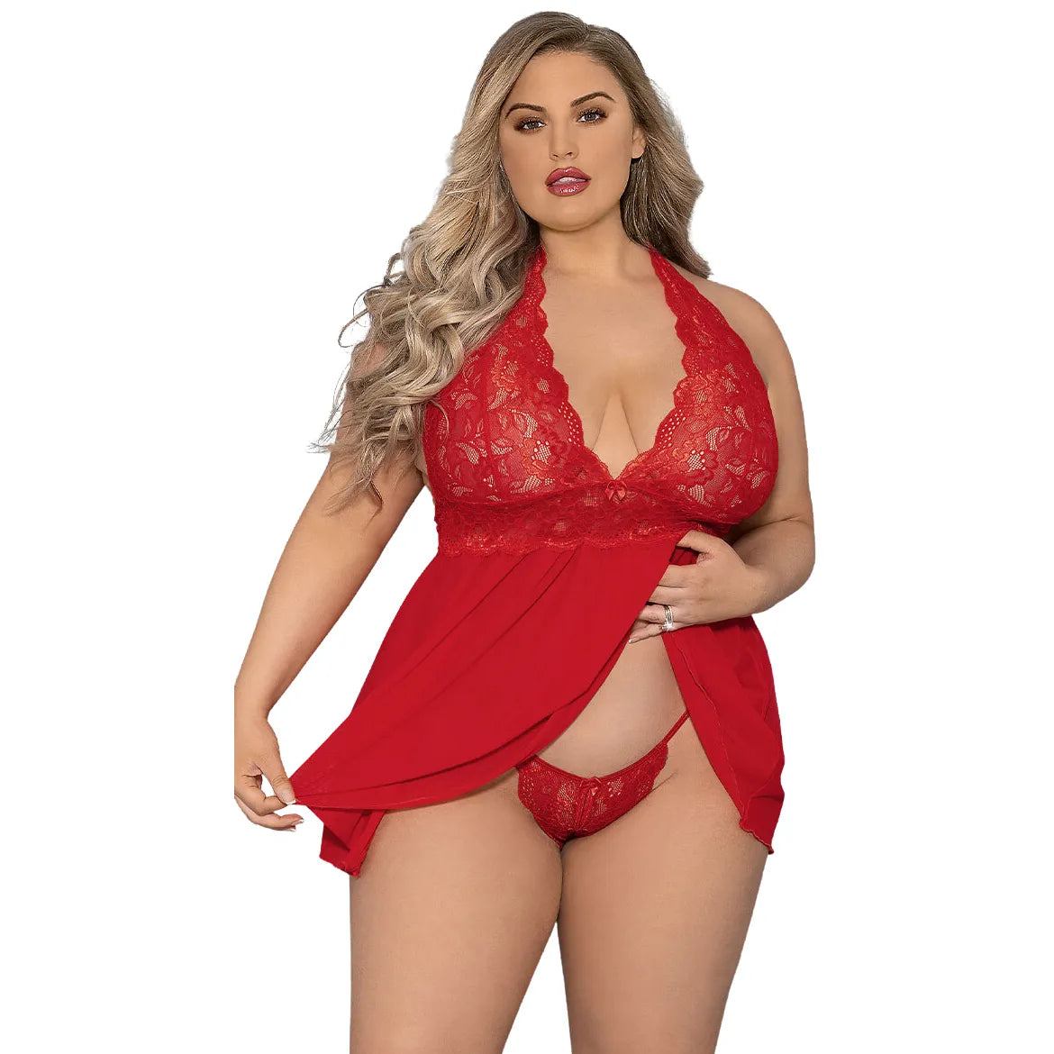 woman wearing red lace halter babydoll nightdress with floral lace detailing and matching panty
