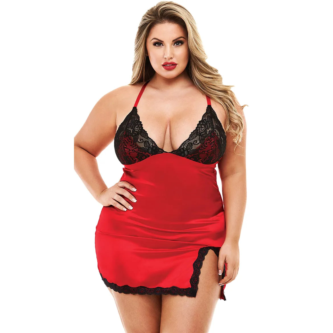 woman wearing red satin lace chemise nightdress with black floral lace detailing and side slit design