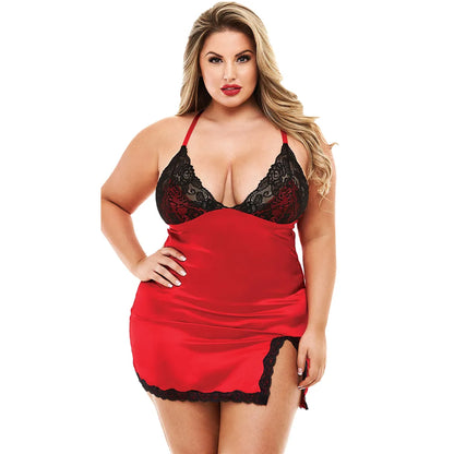 woman wearing red satin lace chemise nightdress with black floral lace detailing and side slit design