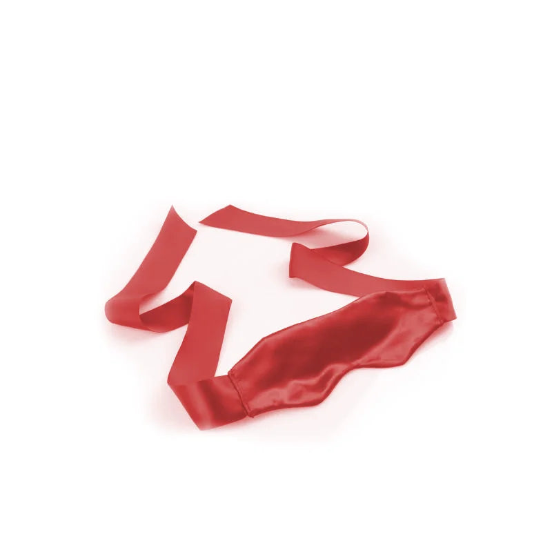 Scarlet red satin blindfold with soft eye coverage and adjustable ribbon tie closure.