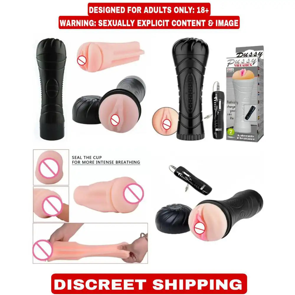 Black silicone massager for men with textured interior and wired remote vibration control.