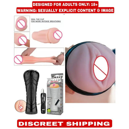 Black silicone massager for men with textured interior and wired remote vibration control.