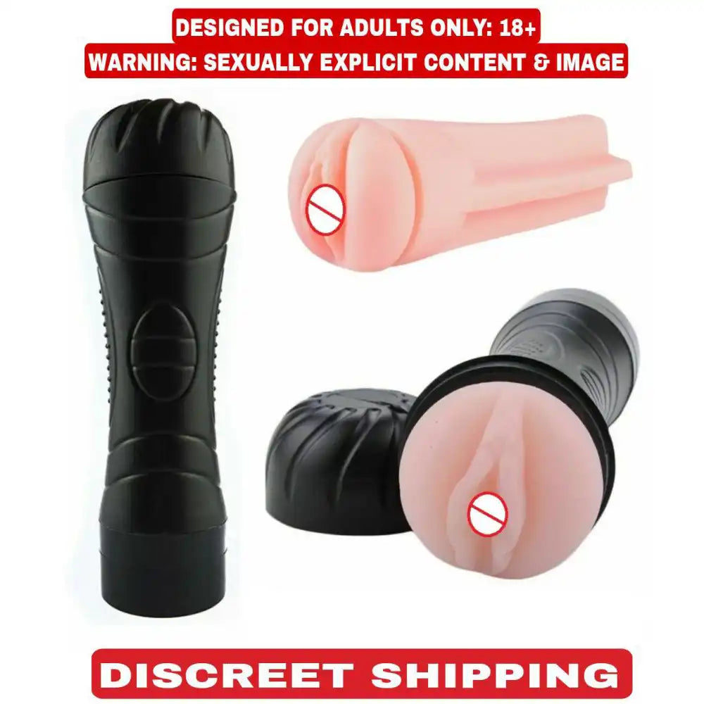 Black silicone massager for men with textured interior and wired remote vibration control.