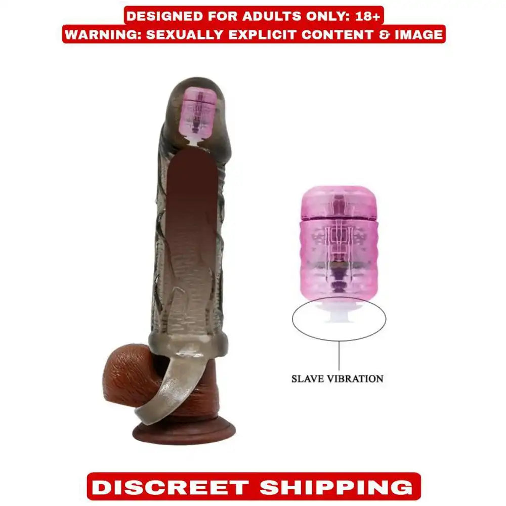 Reusable silicone vibrating sleeve with removable vibration capsule and textured interior design.
