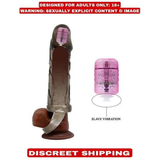 Reusable silicone vibrating sleeve with removable vibration capsule and textured interior design.
