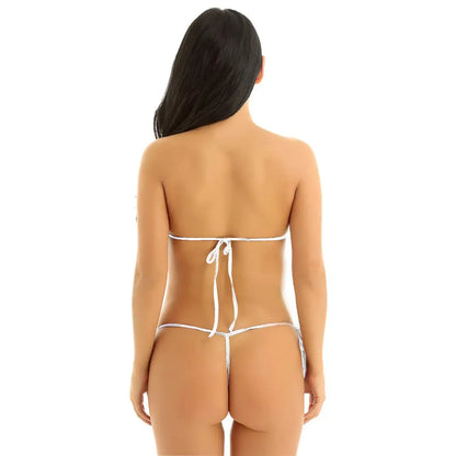 woman wearing black ring accent bandeau micro bikini lingerie set with minimal string bottoms