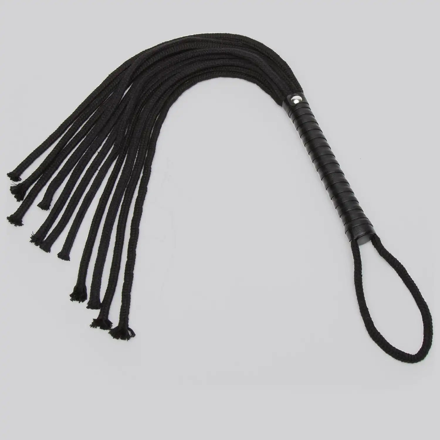 Black rope flogger with multiple braided rope strands, wrapped handle, and wrist loop.