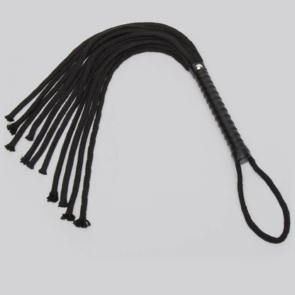 Black rope flogger with multiple braided rope strands, wrapped handle, and wrist loop.