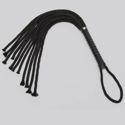 Black rope flogger with multiple braided rope strands, wrapped handle, and wrist loop.