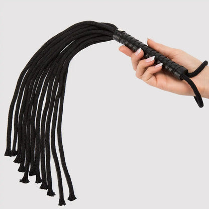 Black rope flogger with multiple braided rope strands, wrapped handle, and wrist loop.