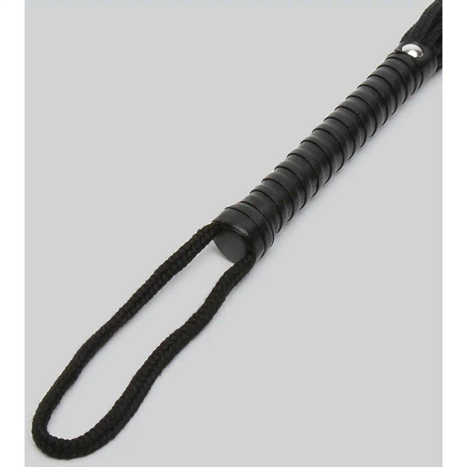 Black rope flogger with multiple braided rope strands, wrapped handle, and wrist loop.