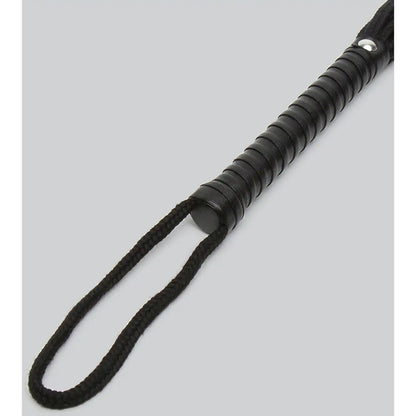 Black rope flogger with multiple braided rope strands, wrapped handle, and wrist loop.