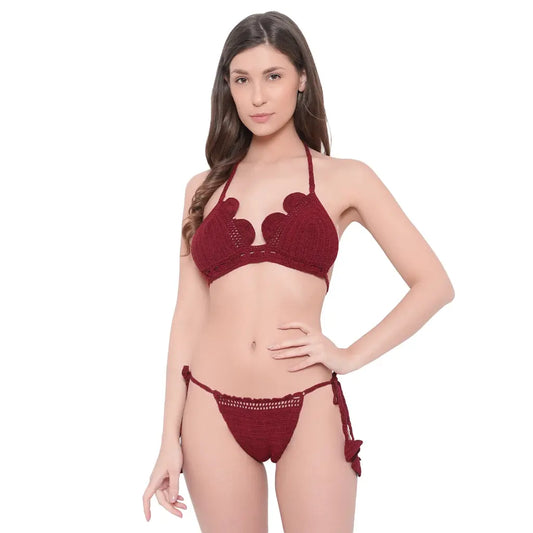 woman wearing Multicolor cotton crochet tie-side lingerie bikini set