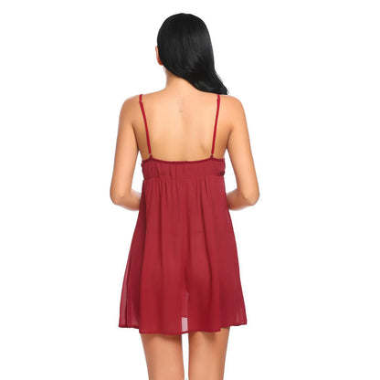 women's sheer babydoll featuring an intricate floral lace bust, scalloped V-neckline, and adjustable spaghetti straps.
