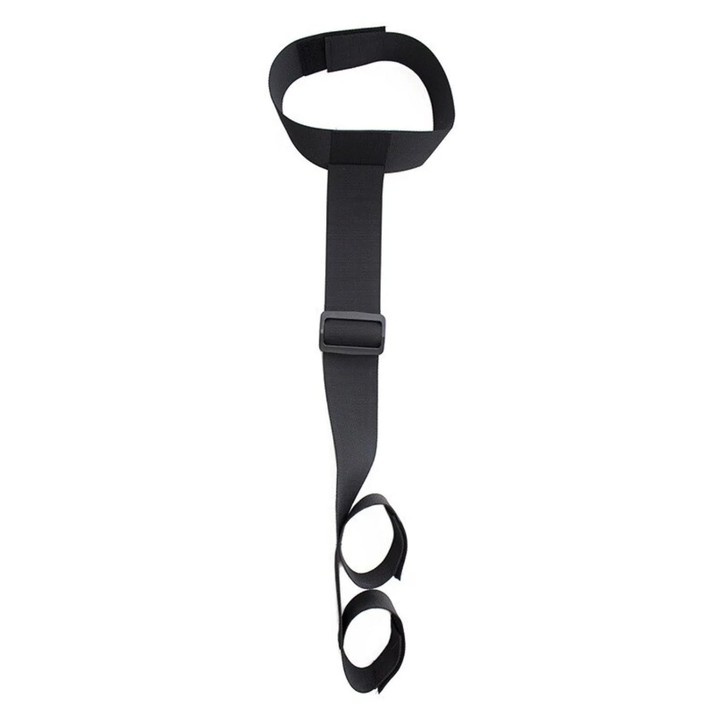 Black collar connected to an adjustable wrist restraint cuff with a nylon strap.