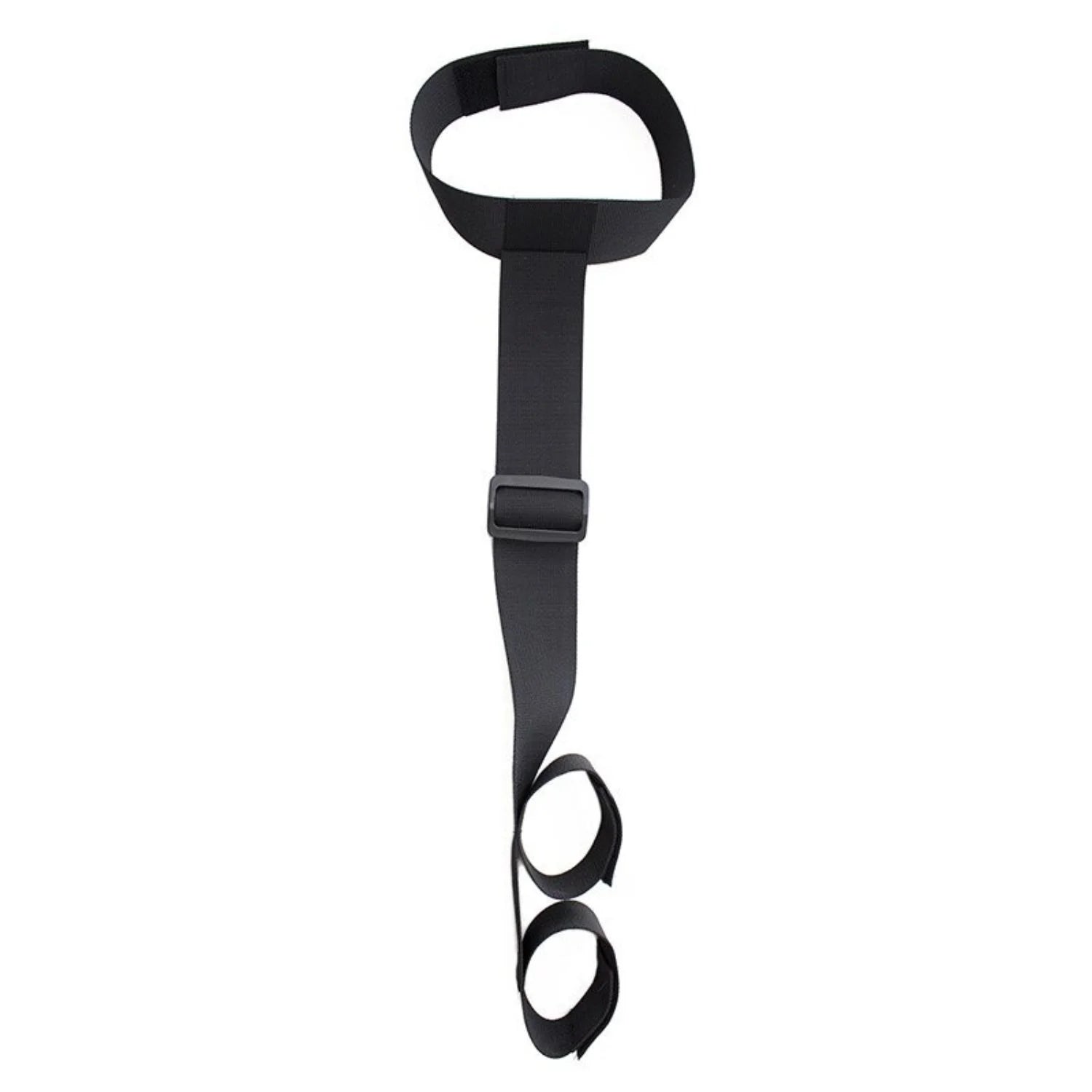 Black collar connected to an adjustable wrist restraint cuff with a nylon strap.