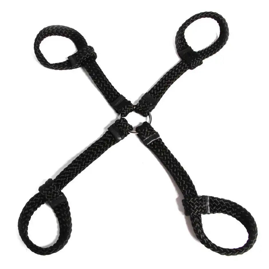 Black braided rope hogtie restraint set with adjustable wrist loops, ankle loops, and central metal connector ring.