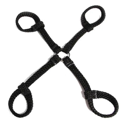 Black braided rope hogtie restraint set with adjustable wrist loops, ankle loops, and central metal connector ring.