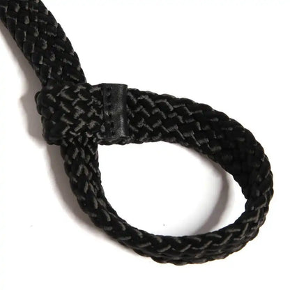 Black braided rope hogtie restraint set with adjustable wrist loops, ankle loops, and central metal connector ring.